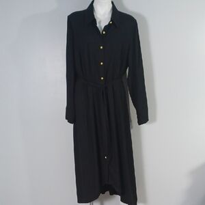 NWT - Plus Size 16W Black Dress. Chic long sleeve, button close w/ belt. Classic